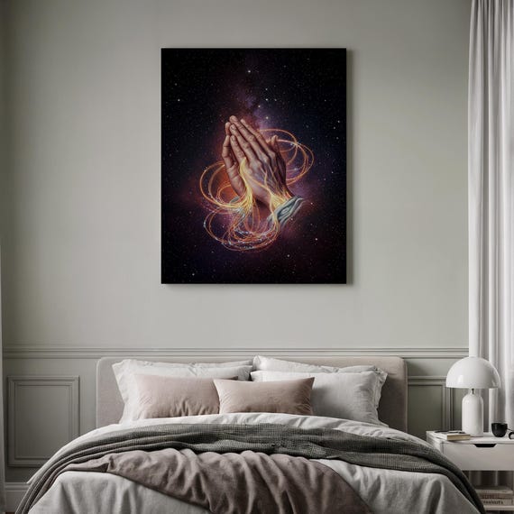 Praying Hands Canvas Framed Spiritual Art Celestial Energy Print Faith Hope Painting Cosmic Light Wall Decor Religious Themed Gift