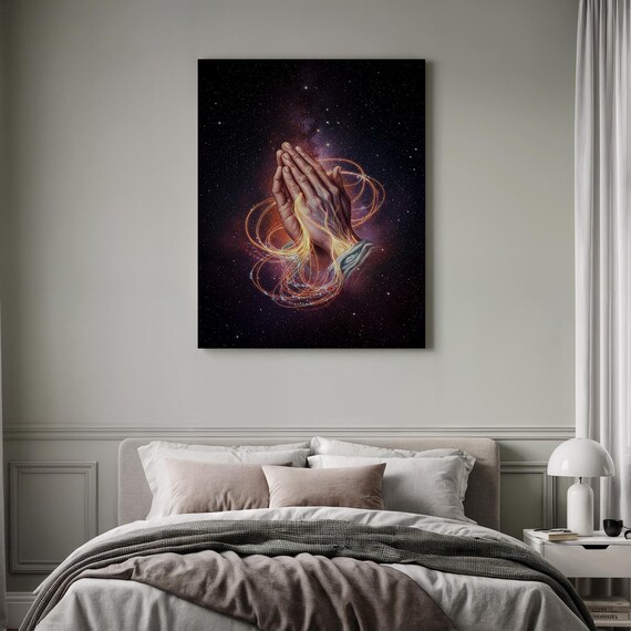 Praying Hands with Golden Light Cosmic Night Sky Spiritual Poster