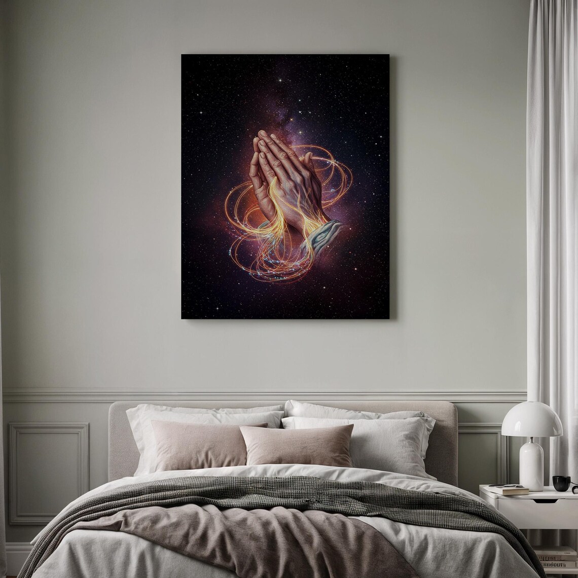 Praying Hands with Golden Light Cosmic Night Sky Spiritual Poster