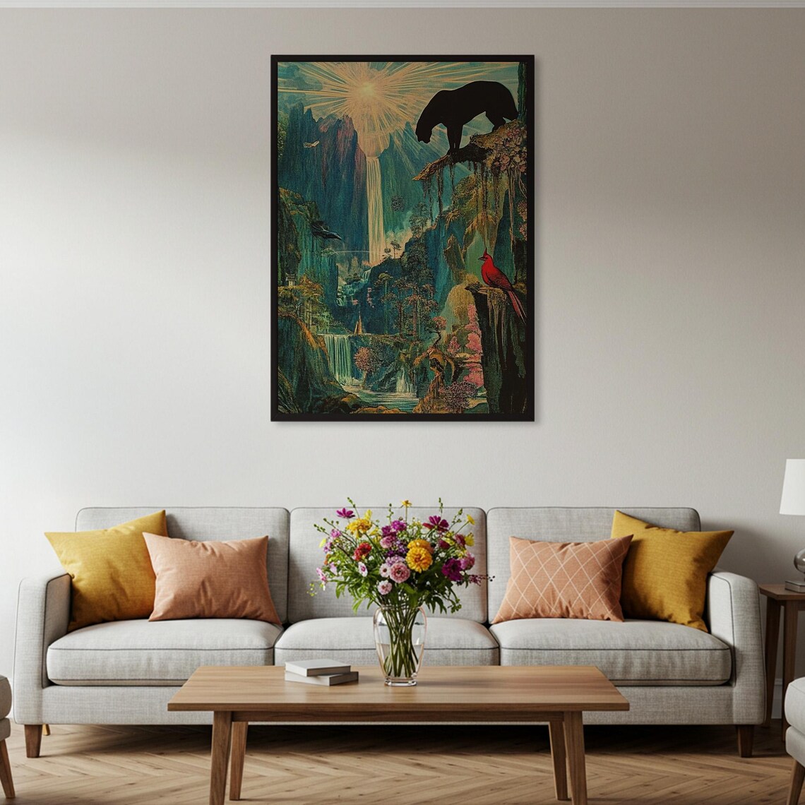 Black Panther Silhouette Waterfall Fantasy Canyon Art Poster - Image 2