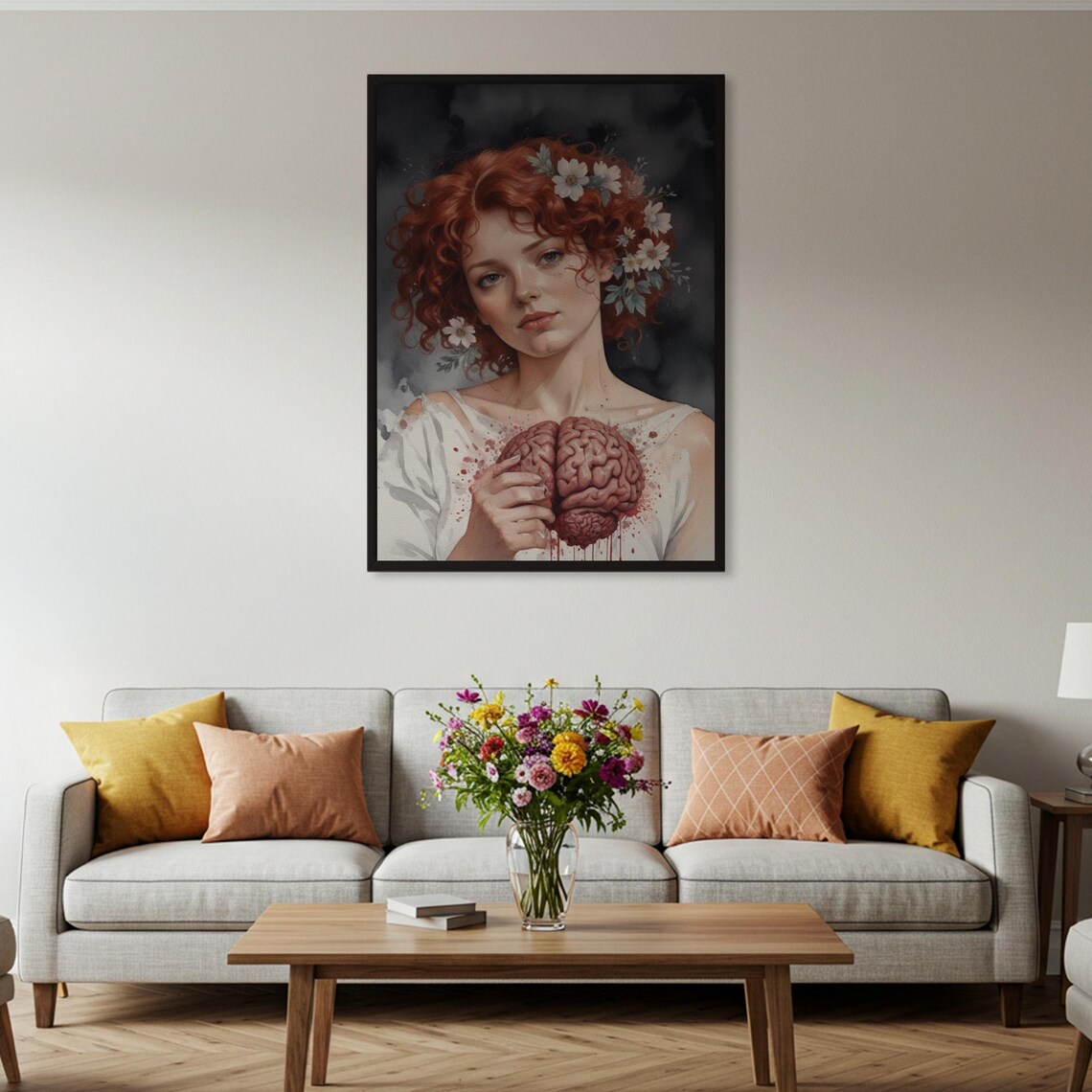 Red Haired Woman Holding Brain Surreal Dark Floral Art Poster - Image 2
