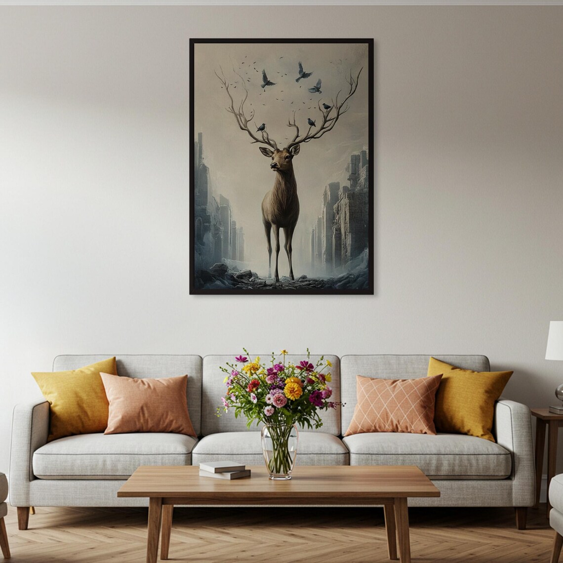Majestic Stag Antler Branches Birds Misty Ruins Fantasy Poster - Image 2