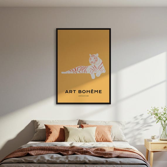 Art Bohme Tiger Poster Minimalist Animal Print Yellow Bohemian Wall Graphic Wildlife Decor