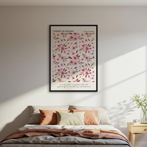 Cherry Blossoms Poster Vintage Flowers Art Print Pink Floral Wall Botanical Decor Framed Or Unframed