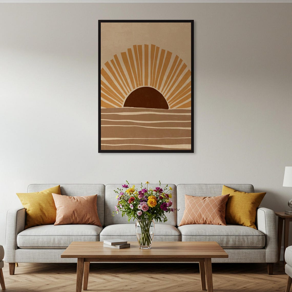 Boho Sunrise Sunburst Over Ocean Waves Neutral Modern Art Poster - Image 2