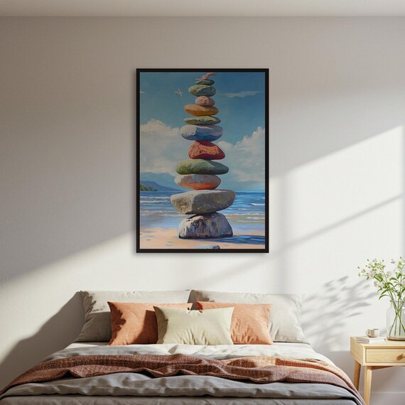 Beach Stone Cairn Stack Ocean Seascape Zen Balance Art Poster