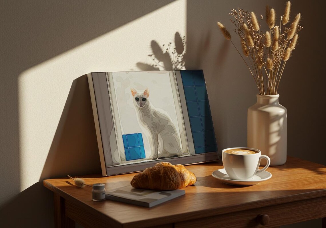 Sunlit White Cat Sitting at Window Blue Tile Minimalist Poster - Image 2