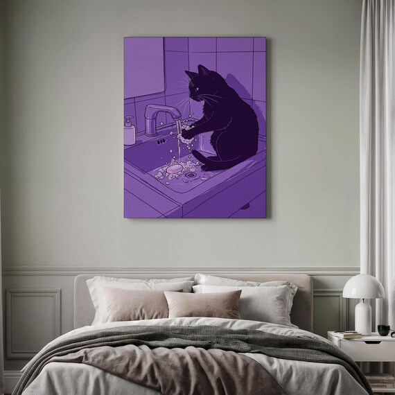 Black Cat In Bathroom Sink Purple Lofi Funny Pet Humor Poster