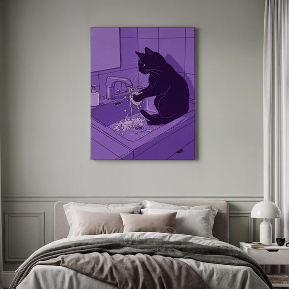 Lofi Purple Art Moody Bath Decor Whimsical Framed Pet In Sink Funny Black Cat Lover