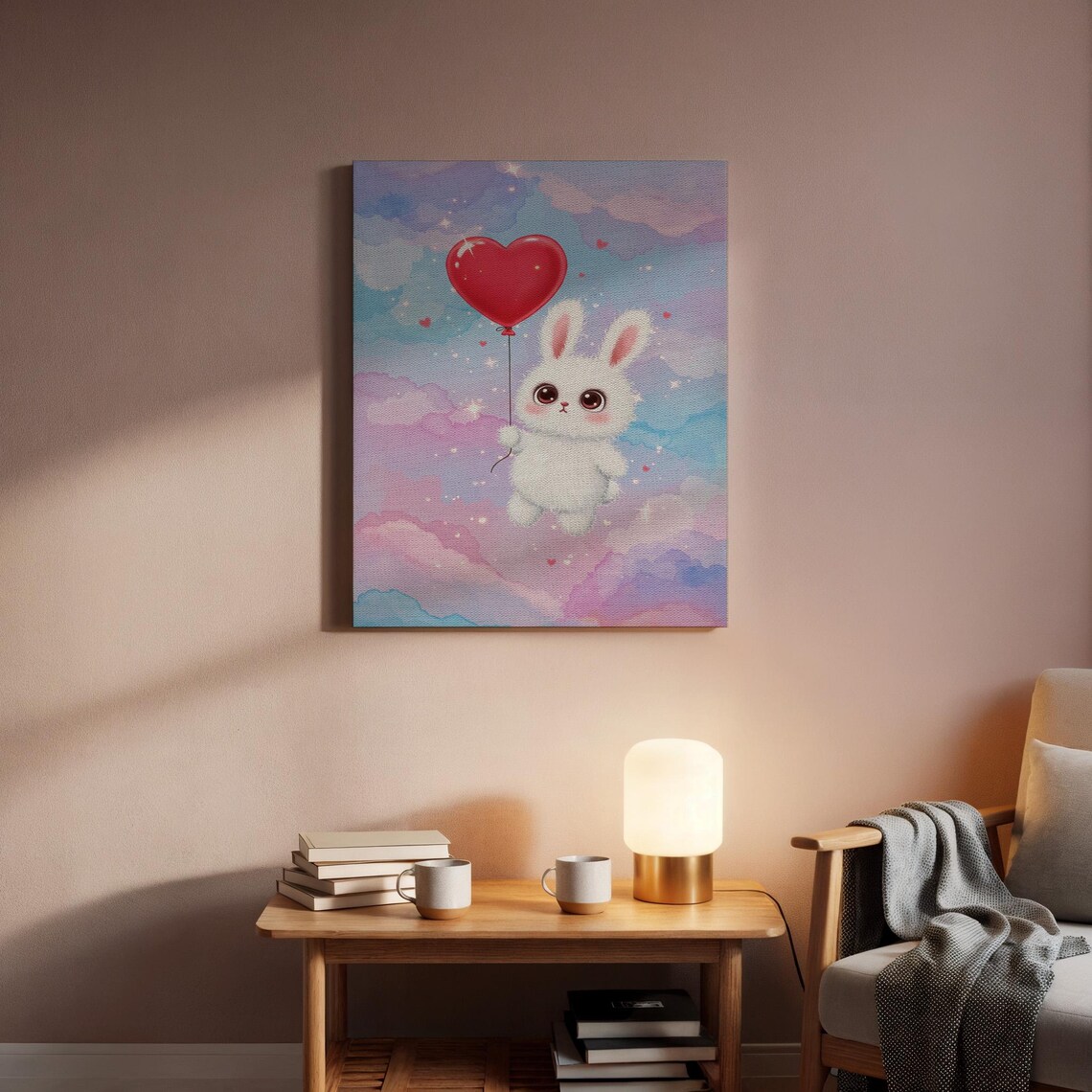 White Bunny Holding Red Heart Balloon Pastel Nursery Art Poster - Image 2
