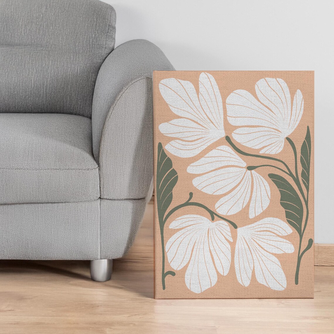 Minimal Floral Line Art White Blooms Peach Botanical Canvas Print