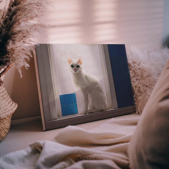 Sunlit White Cat Sitting at Window Blue Tile Minimalist Poster