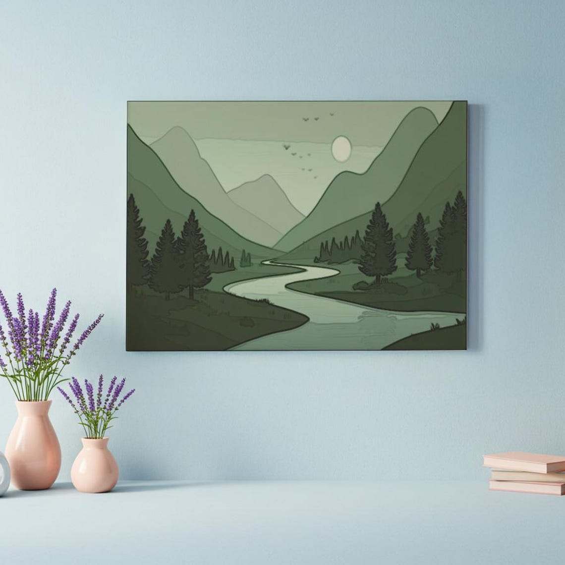 Green Mountain Valley River Monochrome Modern Landscape Poster