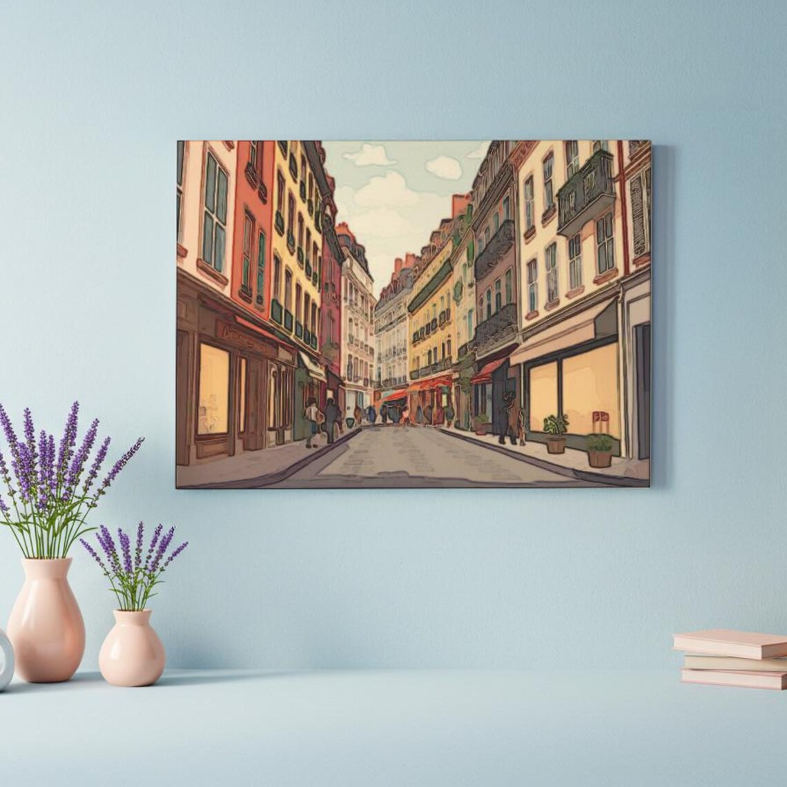 European Old Town Street Cafe Colorful City Illustration Wall Art - Image 4