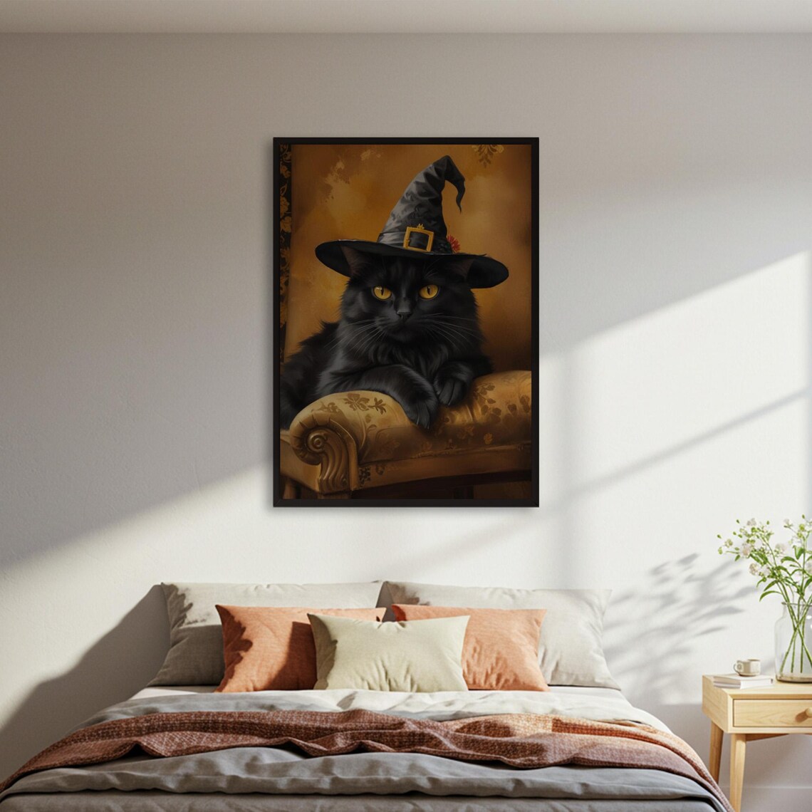 Black Cat Witch Hat, Spooky Halloween Poster Print