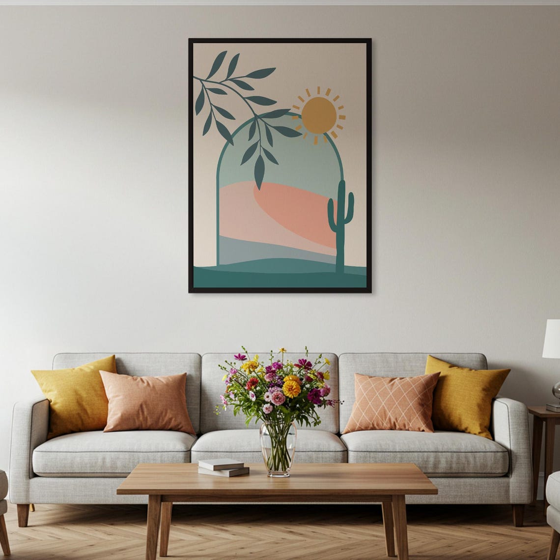 Abstract Desert Arch Landscape Cactus Sun Modern Boho Art Poster - Image 2