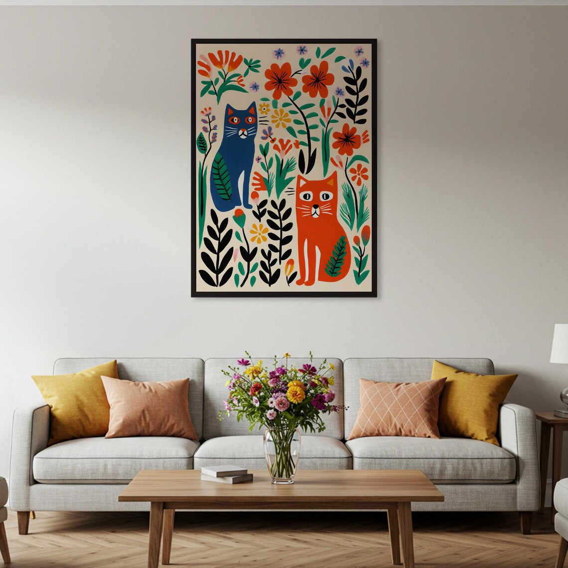 Two Folk Art Cats Colorful Flowers Botanical Whimsical Cat Lover Poster - Image 2