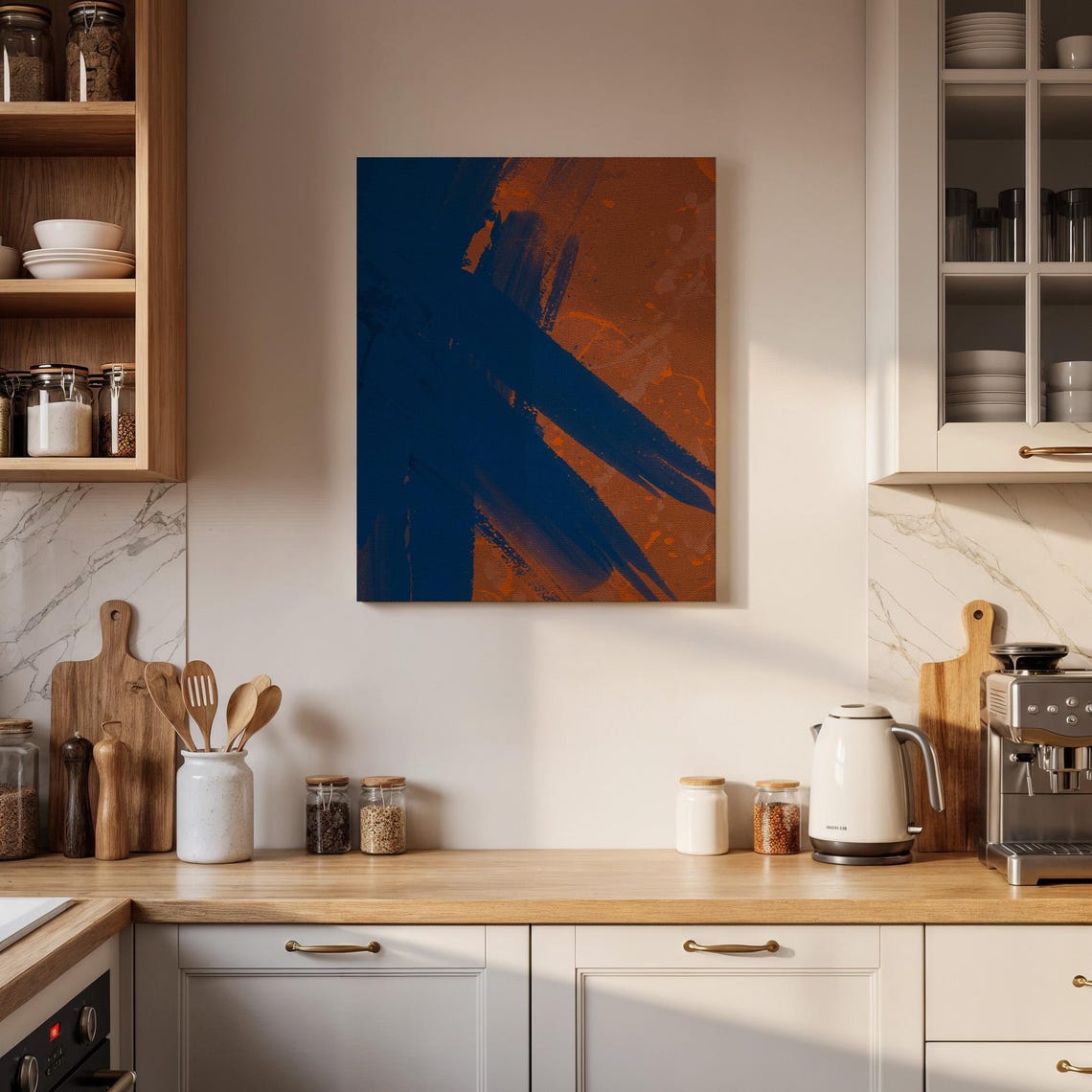 Navy Blue Brushstrokes over Rust Orange Bold Abstract Art Poster - Image 4