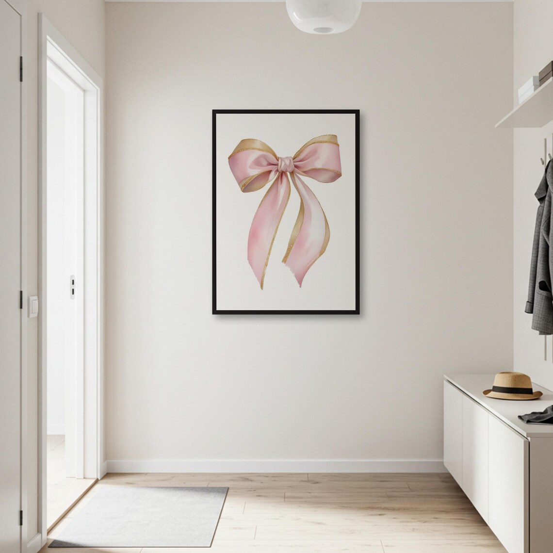 Pink Watercolor Ribbon Bow with Gold Trim Girly Nursery Art Poster - Image 3