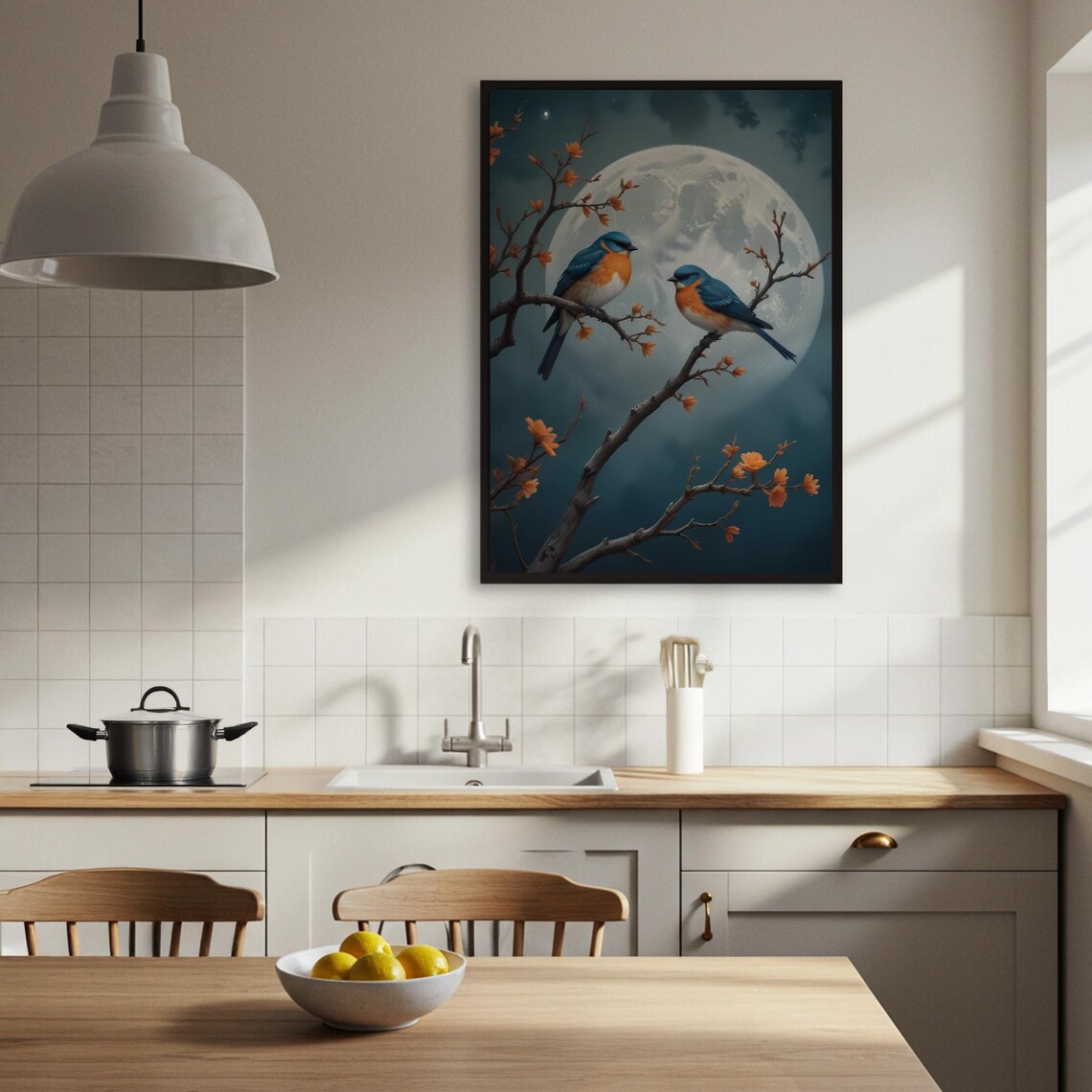 Birds on Branch, Full Moon Nature Wall Art - Image 3