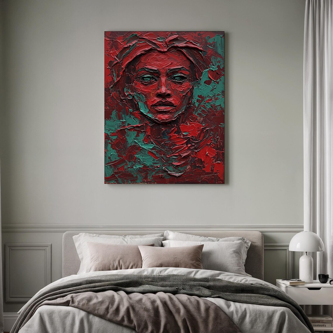 Textured Impasto Woman Portrait Red Teal Bold Expressionist Poster