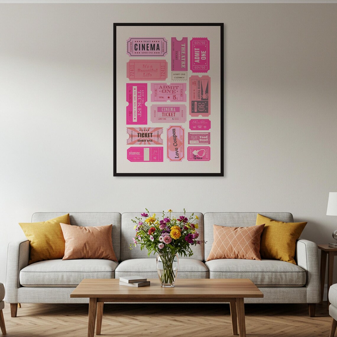 Pink Cinema Theatre Ticket Stub Collage Vintage Admit One Poster - Image 2
