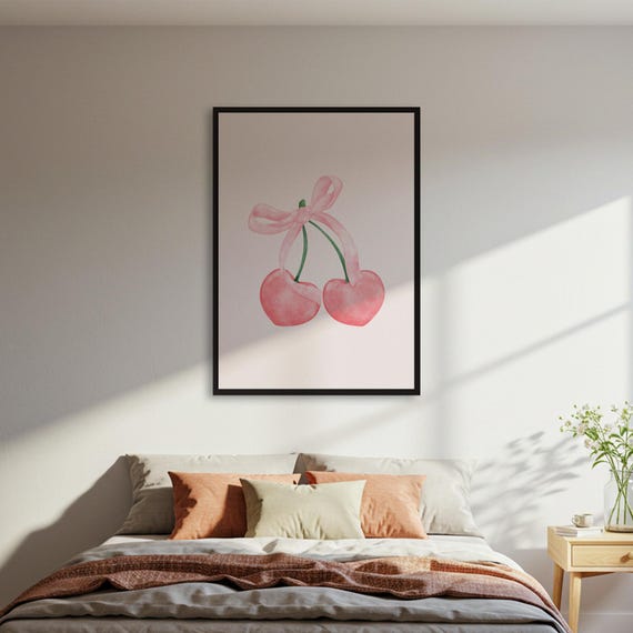 Pink Cherries With Ribbon Art Print Cute Fruit Poster Sweet Kitchen Decor Watercolor Illustration Framed Or Unframed