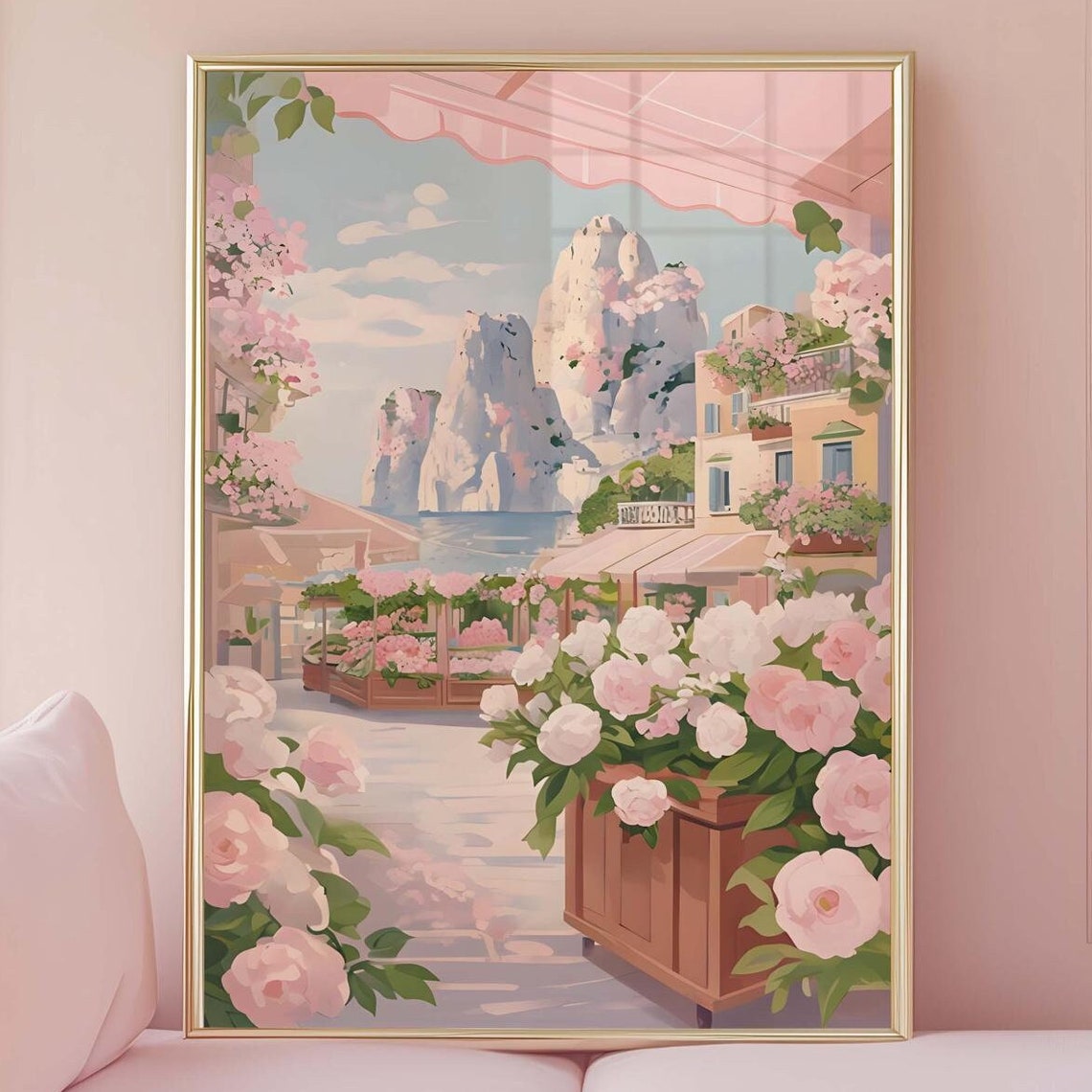 Capri Italy Pink Flower Market Spring Pastel Botanical Poster