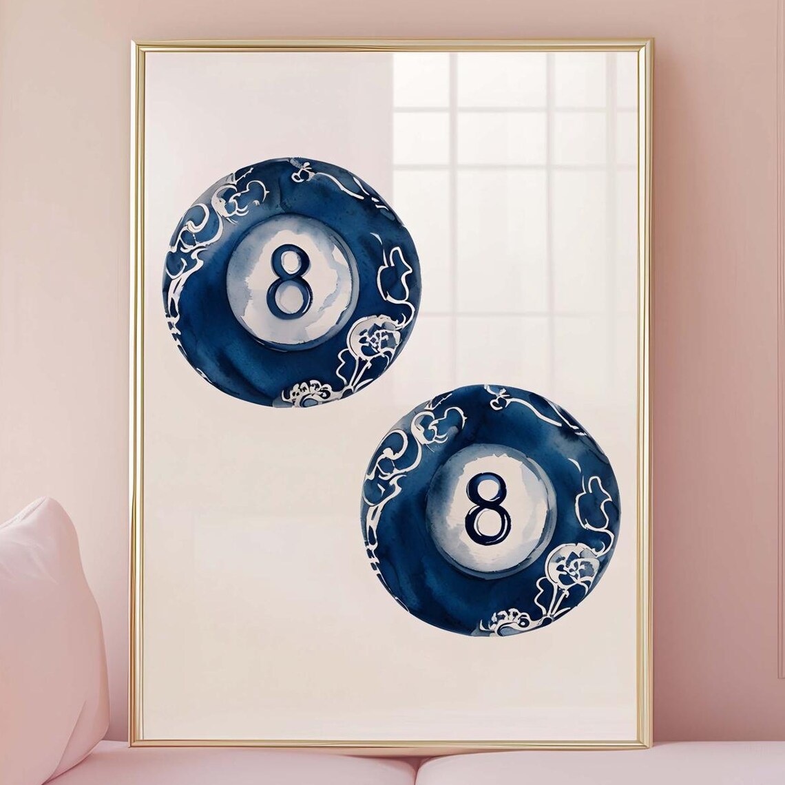 Blue Chinoiserie 8 Ball Art Print with Floral Porcelain Lucky Design