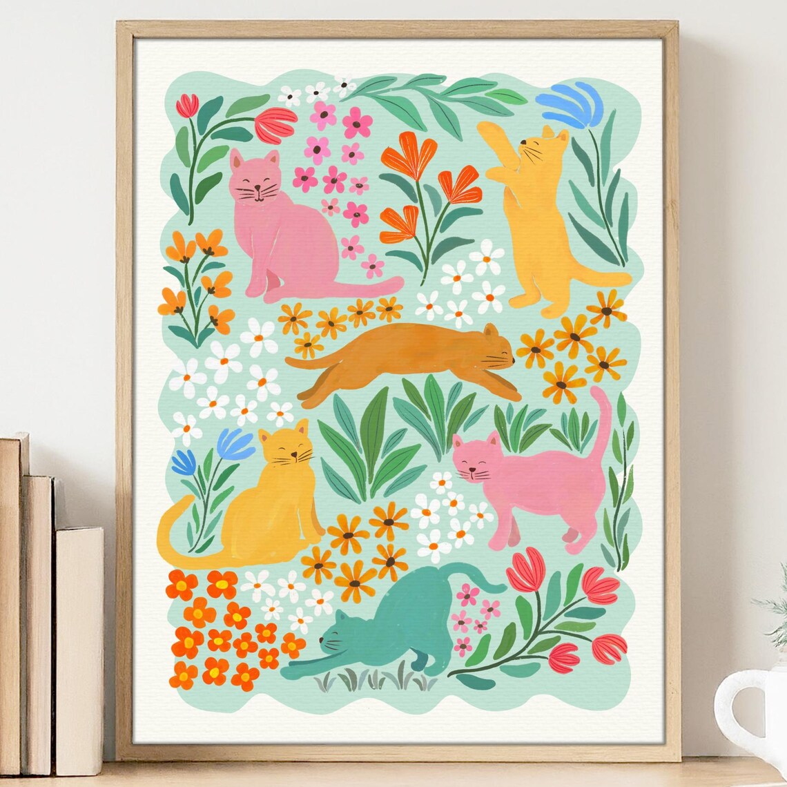 Cats In Garden Art Print, Floral Cat Wall Decor