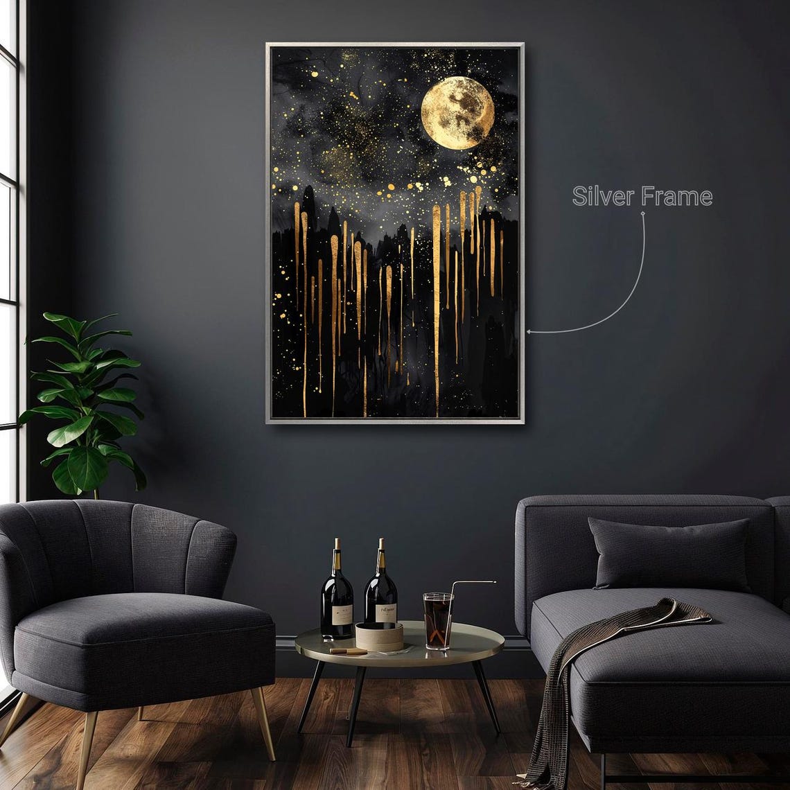 Golden Moon Starry Night Black Sky Abstract Celestial Wall Art Poster - Image 3