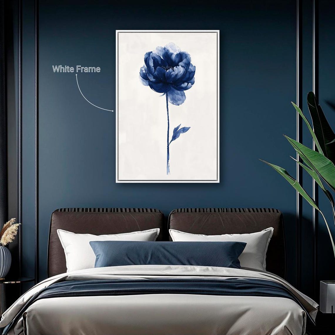 Blue Peony Single Stem Minimalist Watercolor Botanical Wall Art Print - Image 3