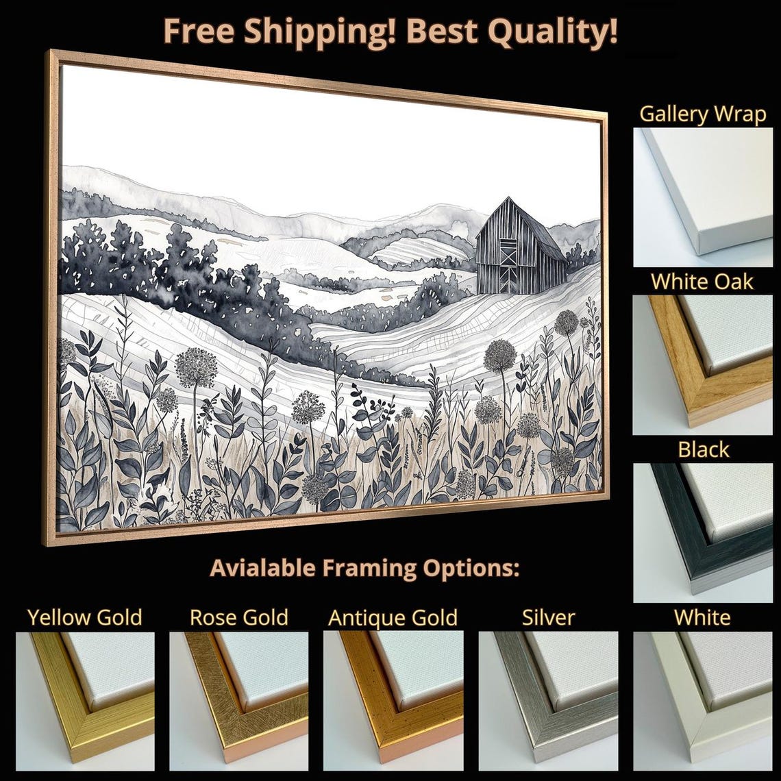 Countryside With Rolling Hills Framed Print Black White Landscape Wall Art Fields Painting Print Rustic Decor Ready To Hang - Image 4