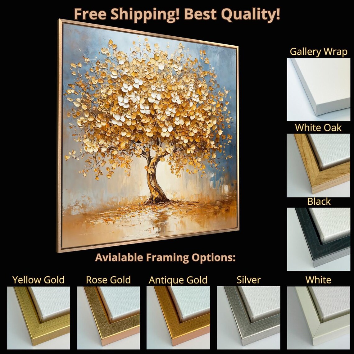 Golden Tree Of Life With White Blossoms Abstract Painting Wall Poster - Image 5