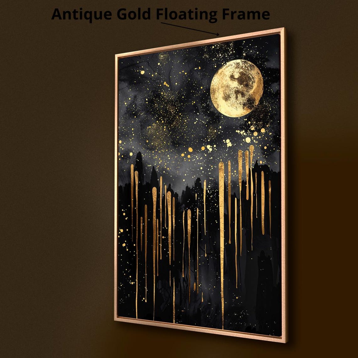 Golden Moon Starry Night Black Sky Abstract Celestial Wall Art Poster - Image 2