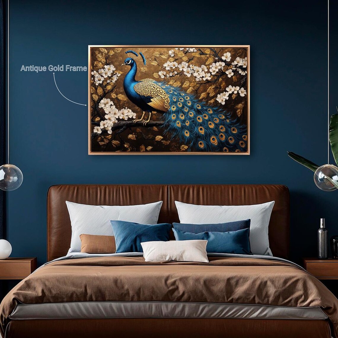 Stunning Blue Gold Peacock On Branch Cherry Blossom Art Print - Image 2