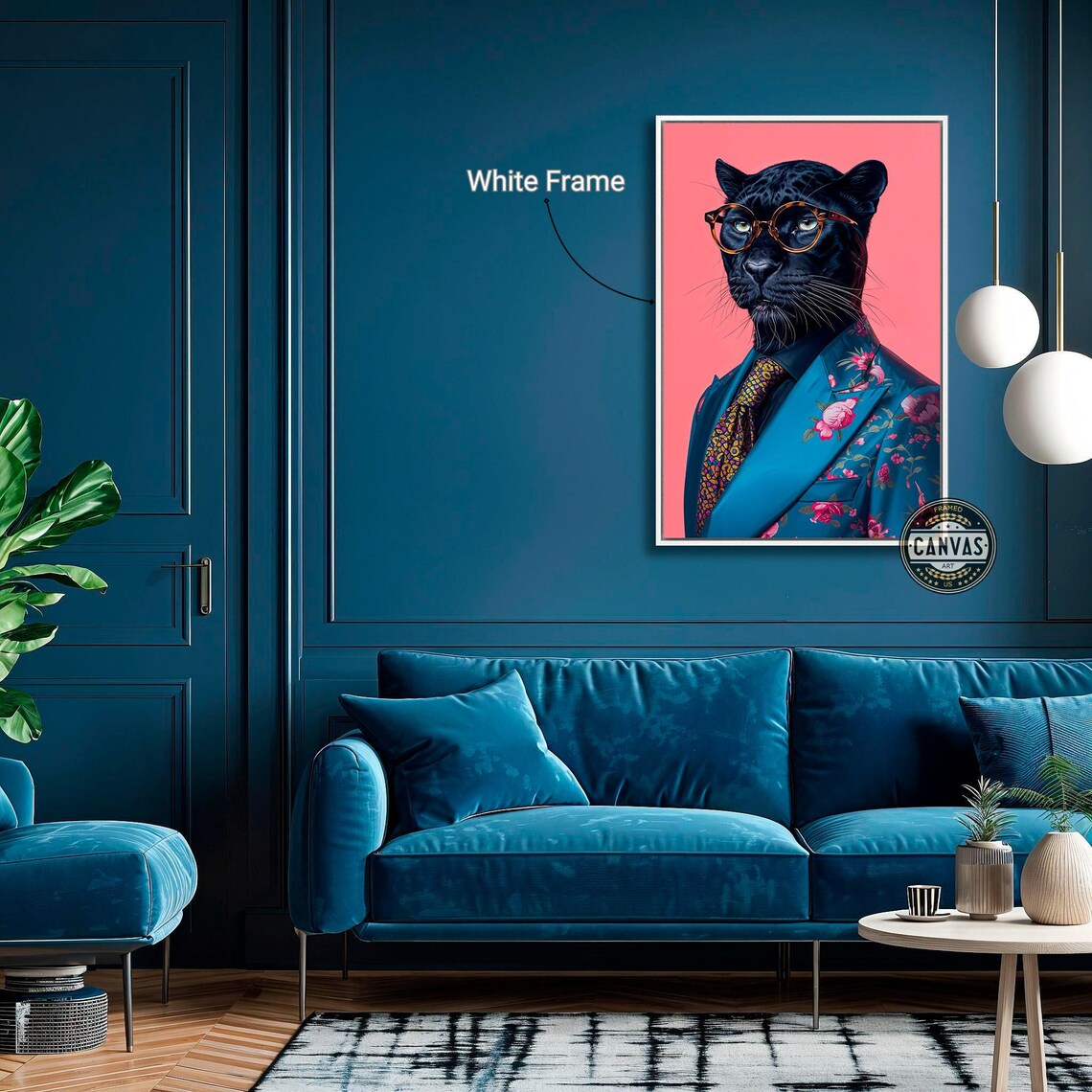 Black Panther In Floral Suit And Glasses Bold Pop Portrait Art Poster - Image 2