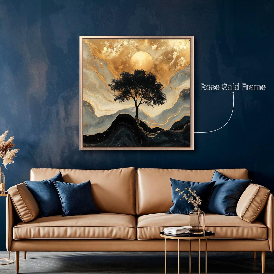Black Tree Silhouette Golden Moon Surreal Marble Sky Wall Poster - Image 4