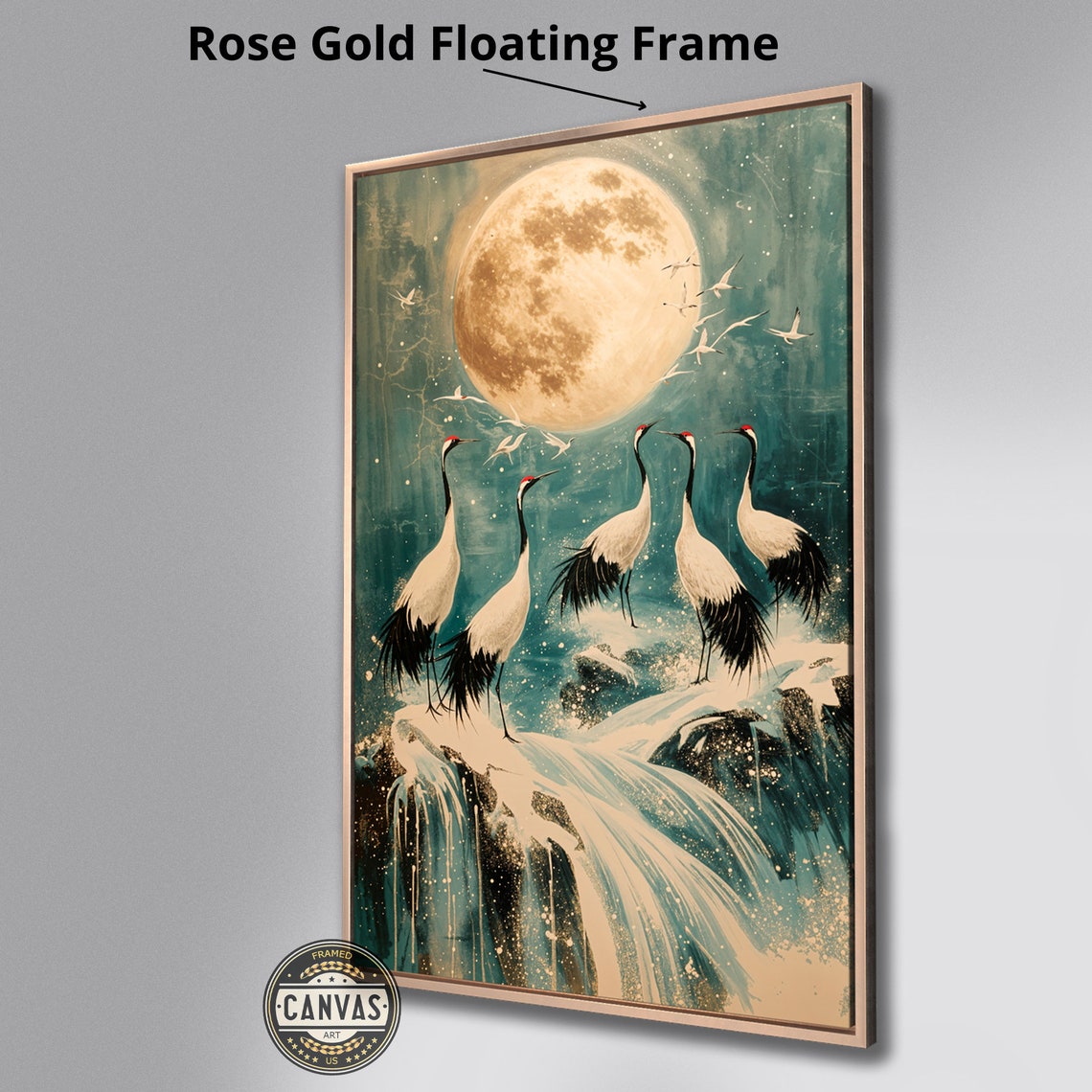 Moonlit Cranes Standing Golden Full Moon Waterfall Night Sky Poster - Image 2
