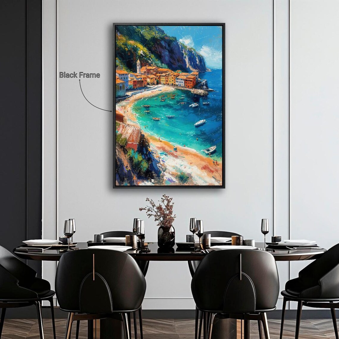 Colorful Coastal Village Bay Boats Mediterranean Harbor Painting Print - Image 2
