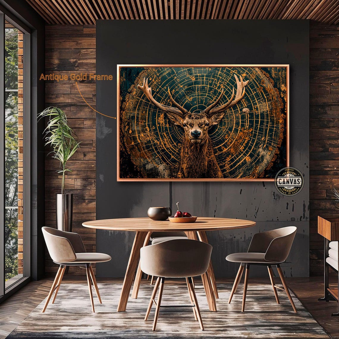 Mystical Stag Before Golden Tree Rings Enigmatic Wildlife Art Poster - Image 2