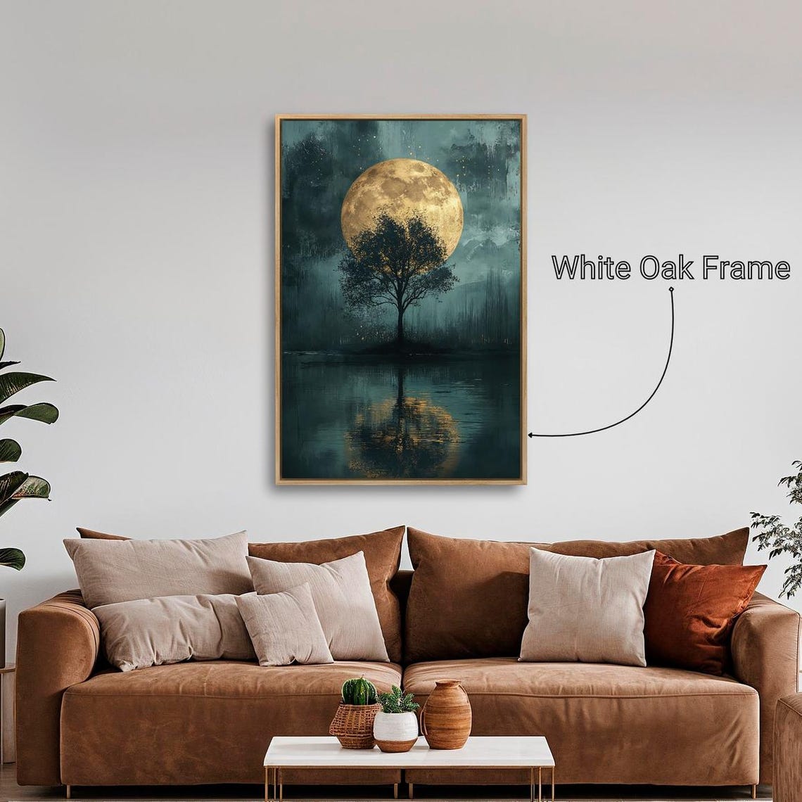 Tree Silhouette Golden Full Moon Dark Water Reflection Art Print - Image 2