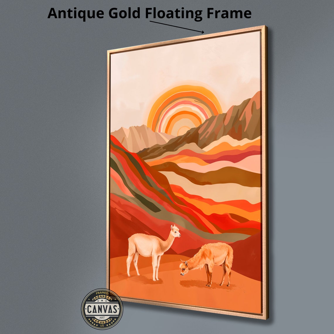 Llama Pair Red Desert Striped Sun Retro Mountain Landscape Art Poster - Image 3