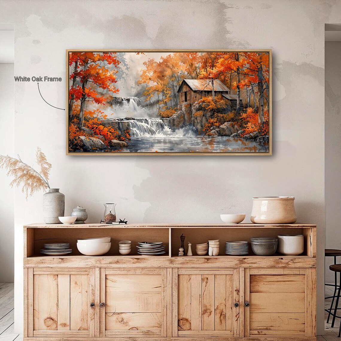 Rustic Cabin Waterfall Autumn Landscape Art Print - Image 4