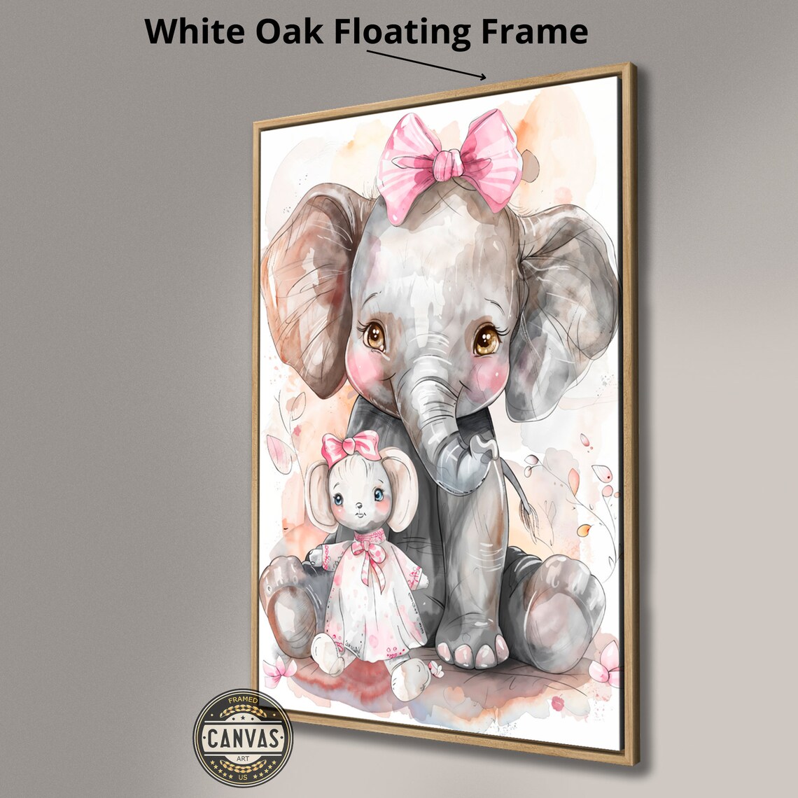 Baby Elephant And Mouse Pink Bow Watercolor Nursery Friendship Poster - Image 4