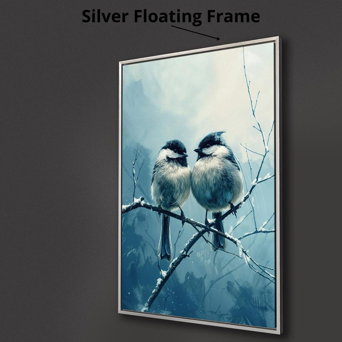 Two Chickadees Snowy Branch Winter Birds Blue Tone Painting Art Poster - Image 3