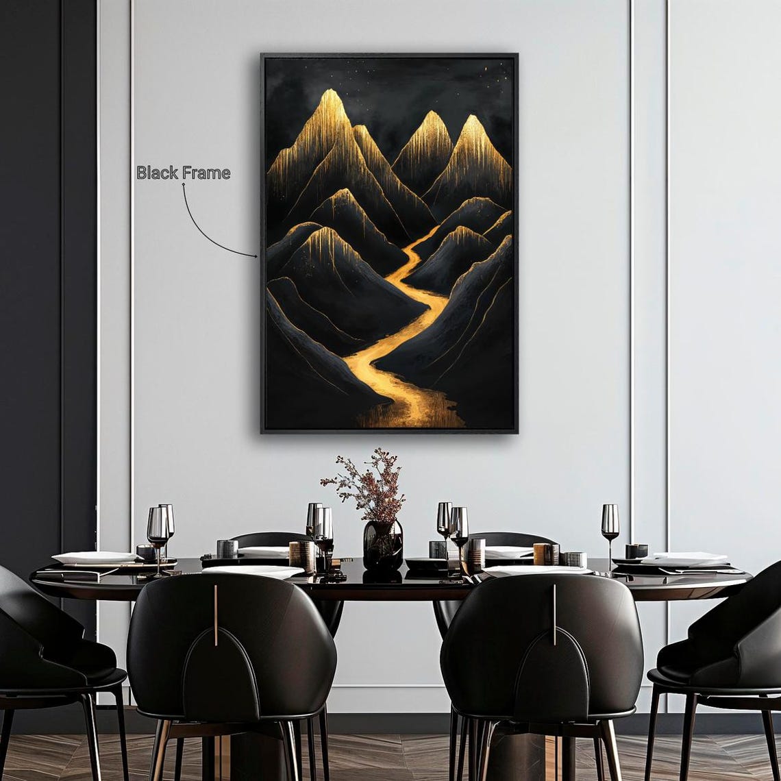 Black Mountain Peaks Gold Drip Ridges Golden River Art Print - Image 4