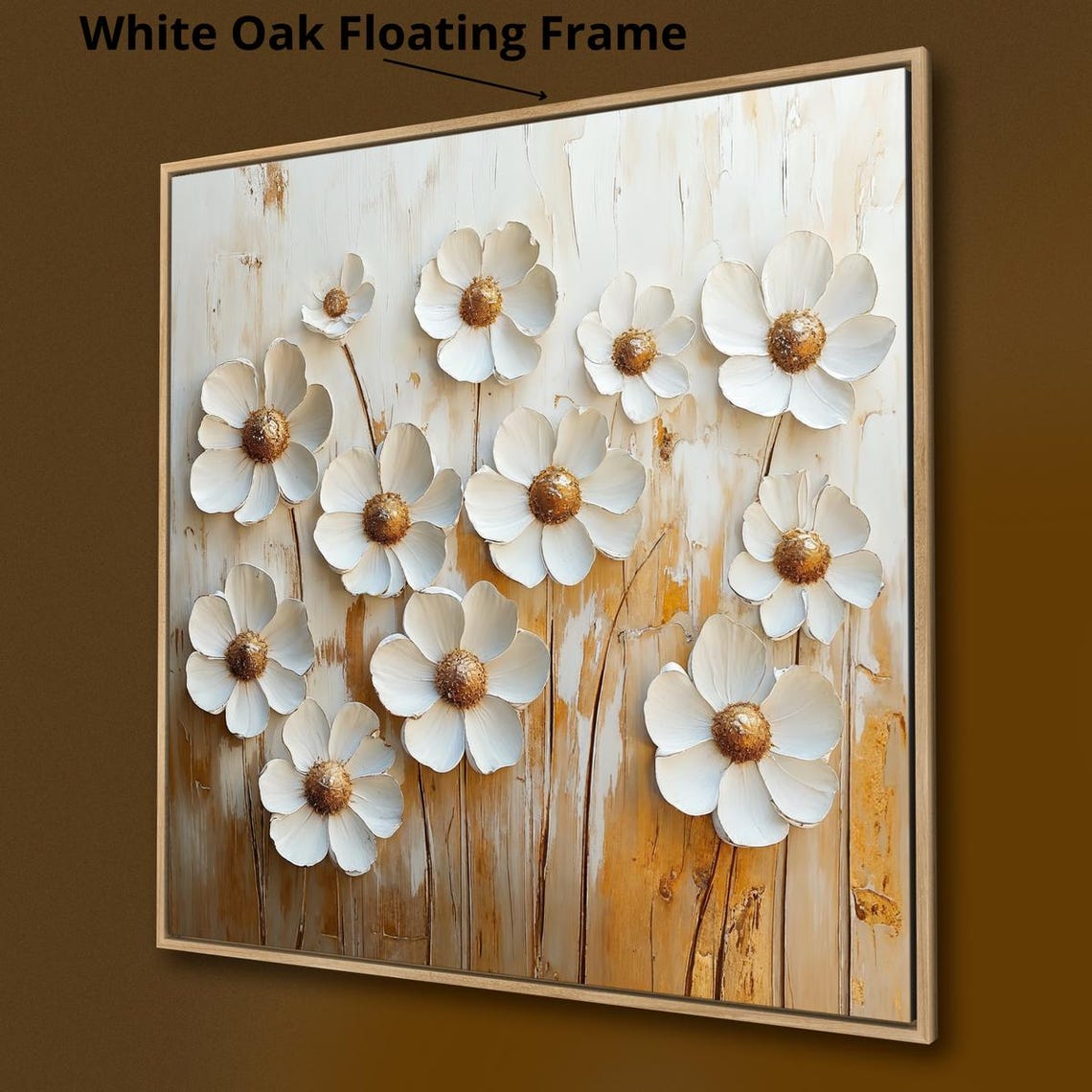 Delicate White 3D Flowers Gold Centers Textured Impasto Art Print - Image 3