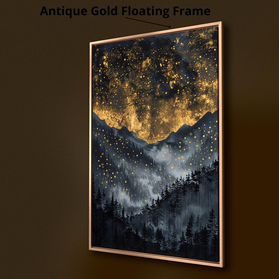 Starry Night Sky Gold Stars Dark Mountain Pine Forest Fantasy Art Poster - Image 3