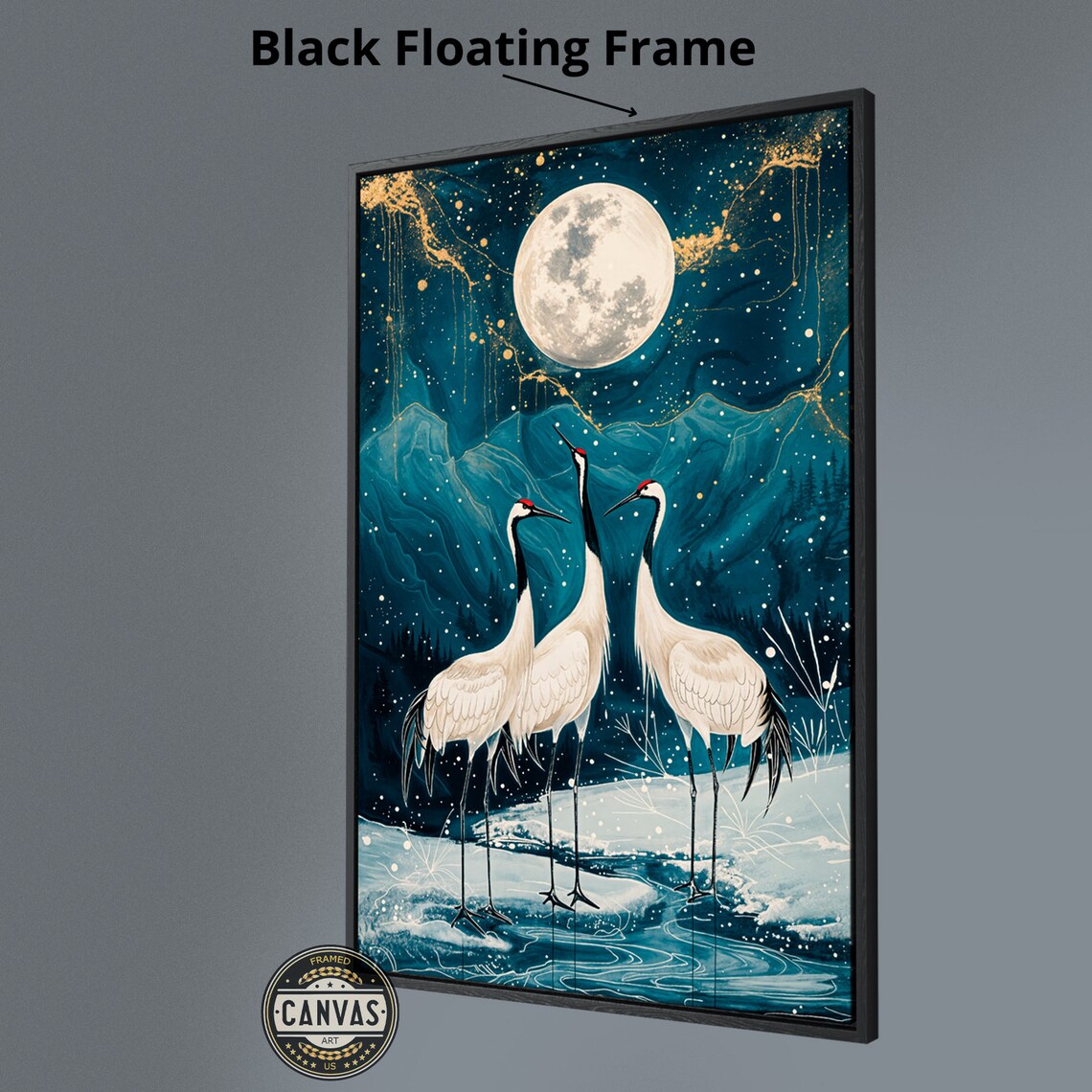 Three Cranes Full Moon Teal Night Sky Snowy Water Japanese Bird Art Poster - Image 4